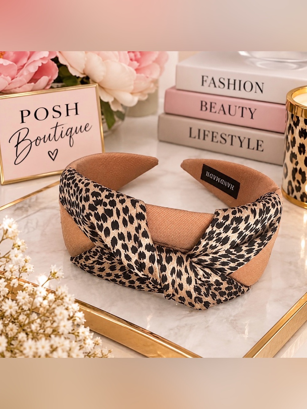 Handmadw Tan Leopard Knot Headband